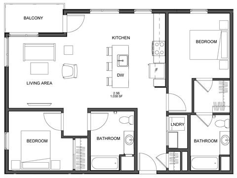 Floor plan for 2 beds, 2 baths, 1038 sqft